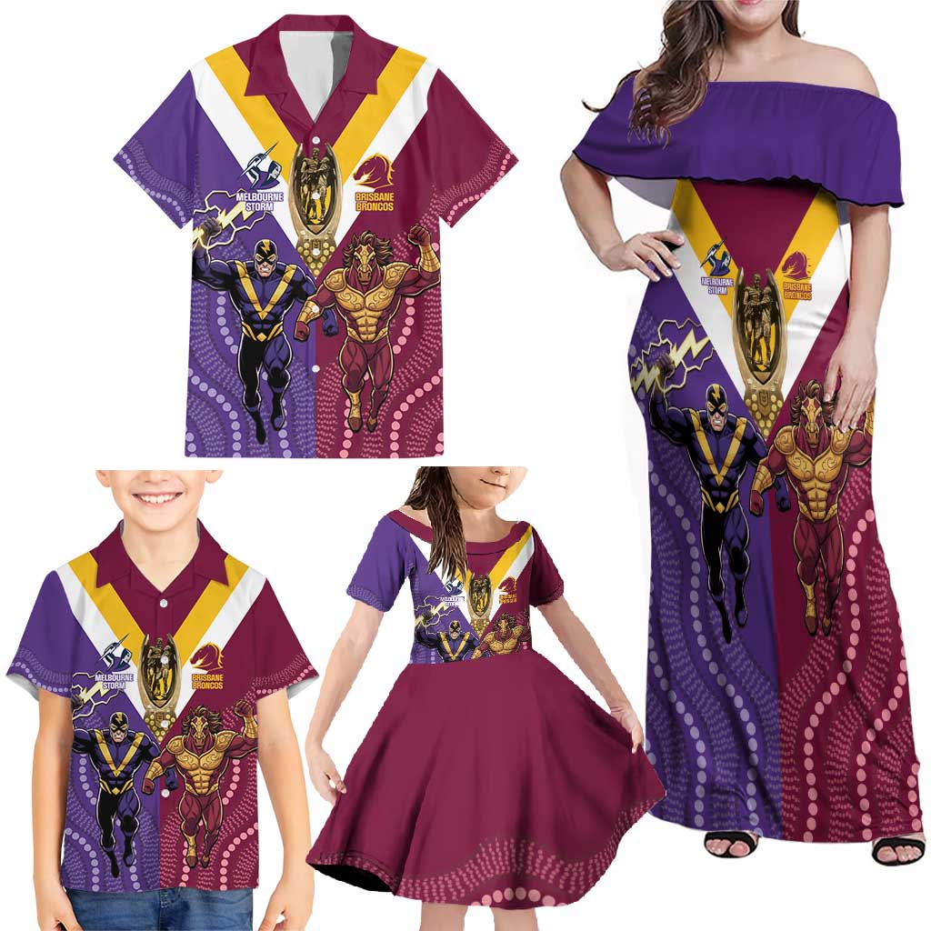 Storm And Broncos Rugby Custom Family Matching Off Shoulder Maxi Dress and Hawaiian Shirt Melbourne Brisbane Final Together Mascots Style - Aussie Hoodie