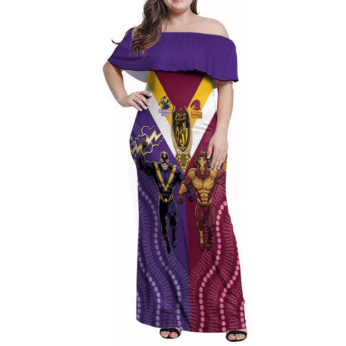 Storm And Broncos Rugby Custom Family Matching Off Shoulder Maxi Dress and Hawaiian Shirt Melbourne Brisbane Final Together Mascots Style - Aussie Hoodie