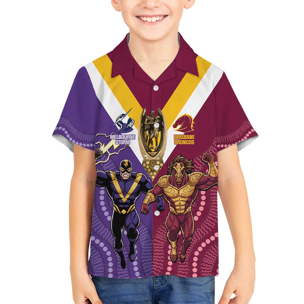 Storm And Broncos Rugby Custom Family Matching Off Shoulder Maxi Dress and Hawaiian Shirt Melbourne Brisbane Final Together Mascots Style - Aussie Hoodie