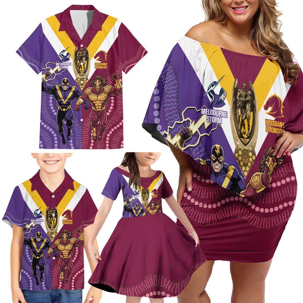 Storm And Broncos Rugby Custom Family Matching Off Shoulder Short Dress and Hawaiian Shirt Melbourne Brisbane Final Together Mascots Style - Aussie Hoodie
