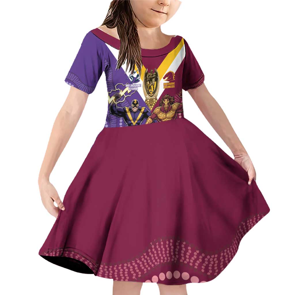 Storm And Broncos Rugby Custom Family Matching Off Shoulder Short Dress and Hawaiian Shirt Melbourne Brisbane Final Together Mascots Style - Aussie Hoodie