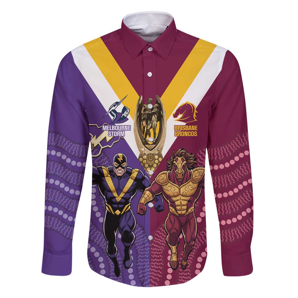 Storm And Broncos Rugby Custom Family Matching Off Shoulder Short Dress and Hawaiian Shirt Melbourne Brisbane Final Together Mascots Style - Aussie Hoodie