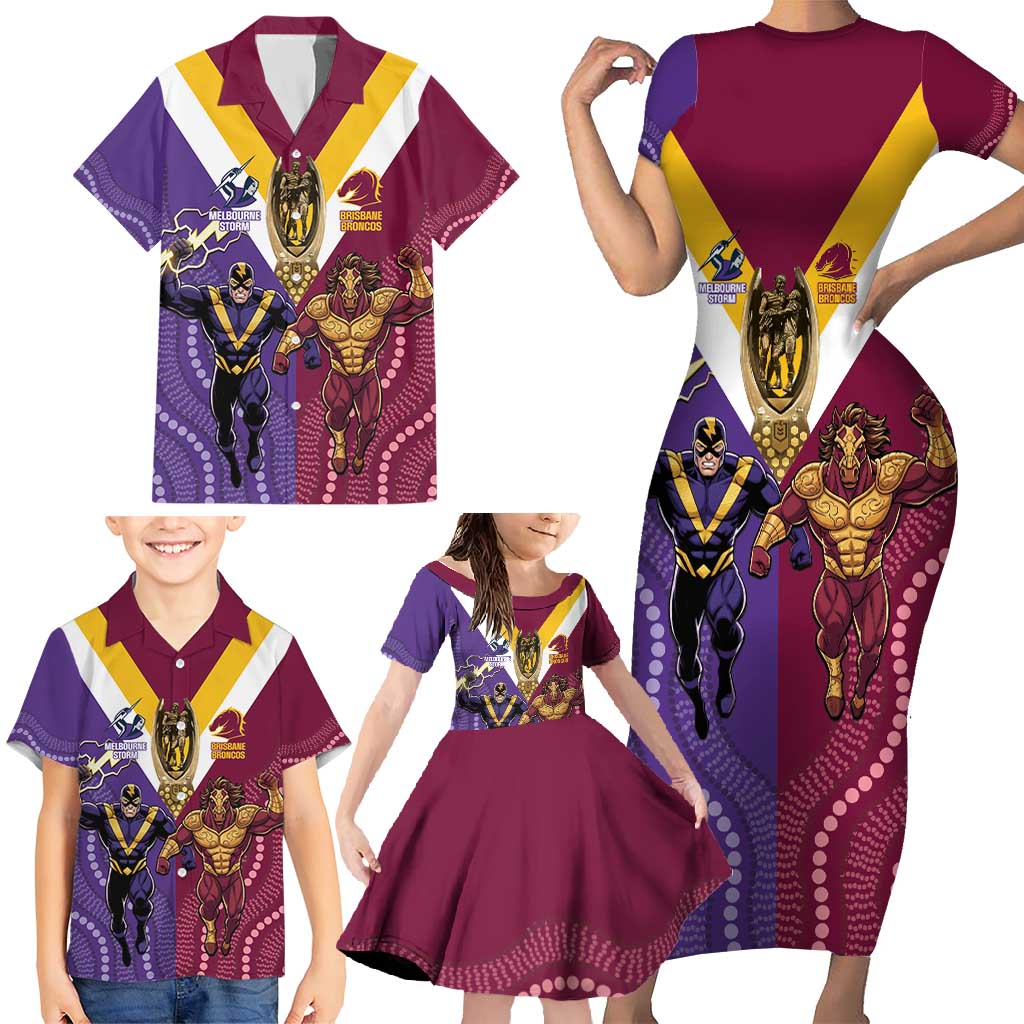 Storm And Broncos Rugby Custom Family Matching Short Sleeve Bodycon Dress and Hawaiian Shirt Melbourne Brisbane Final Together Mascots Style - Aussie Hoodie