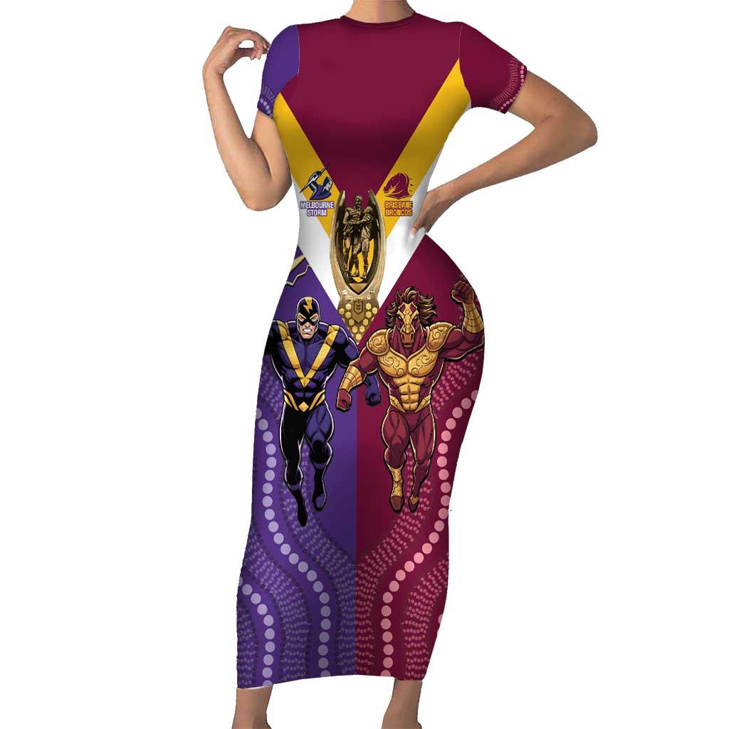 Storm And Broncos Rugby Custom Family Matching Short Sleeve Bodycon Dress and Hawaiian Shirt Melbourne Brisbane Final Together Mascots Style - Aussie Hoodie