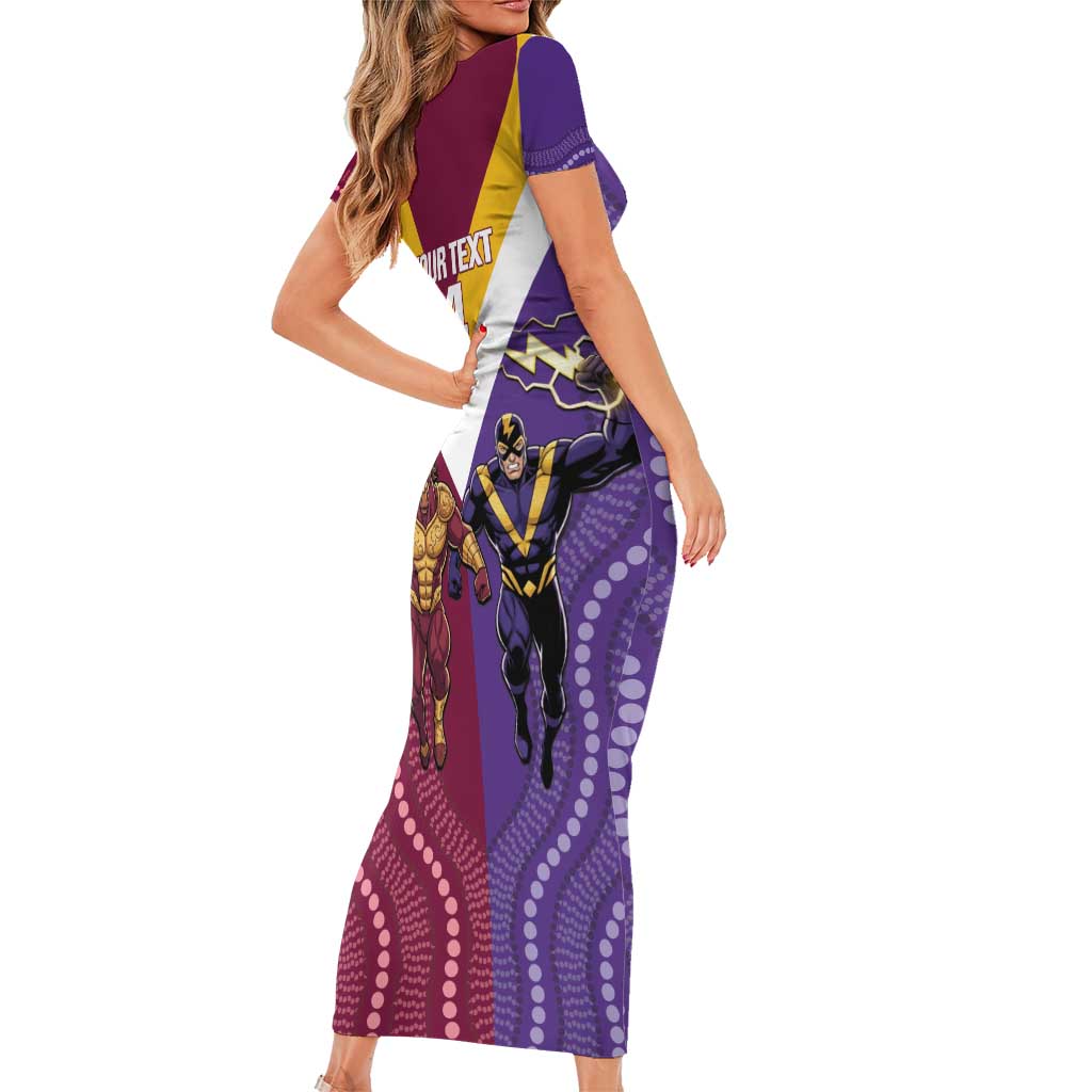 Storm And Broncos Rugby Custom Family Matching Short Sleeve Bodycon Dress and Hawaiian Shirt Melbourne Brisbane Final Together Mascots Style - Aussie Hoodie