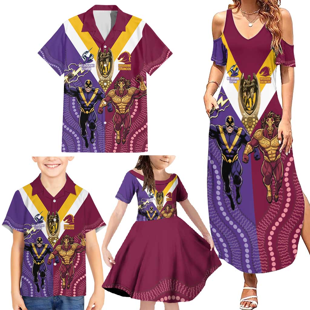 Storm And Broncos Rugby Custom Family Matching Summer Maxi Dress and Hawaiian Shirt Melbourne Brisbane Final Together Mascots Style - Aussie Hoodie