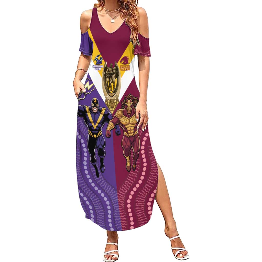 Storm And Broncos Rugby Custom Family Matching Summer Maxi Dress and Hawaiian Shirt Melbourne Brisbane Final Together Mascots Style - Aussie Hoodie