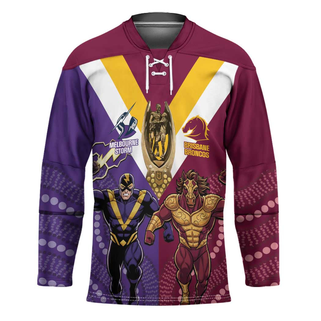 Storm And Broncos Rugby Custom Hockey Jersey Melbourne Brisbane Final Together Mascots Style - Aussie Hoodie