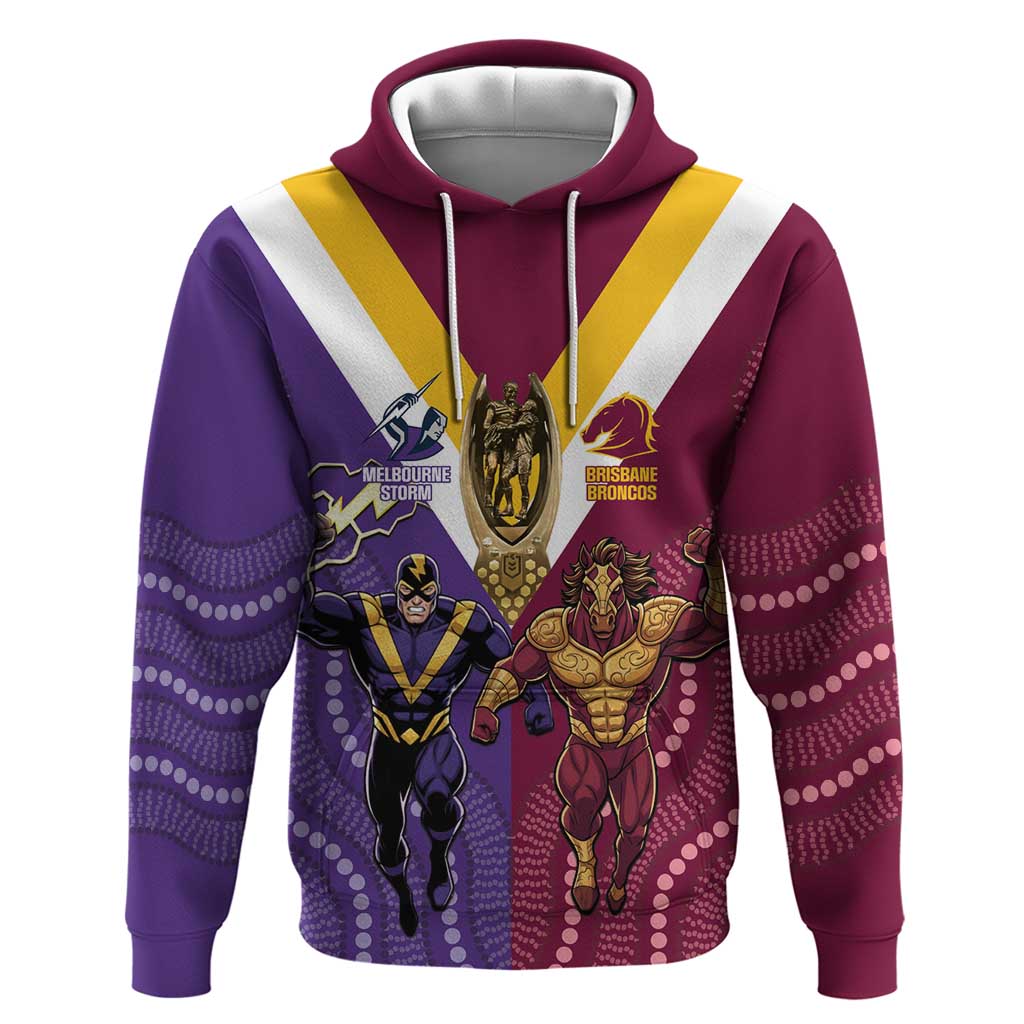 Storm And Broncos Rugby Custom Hoodie Melbourne Brisbane Final Together Mascots Style - Aussie Hoodie