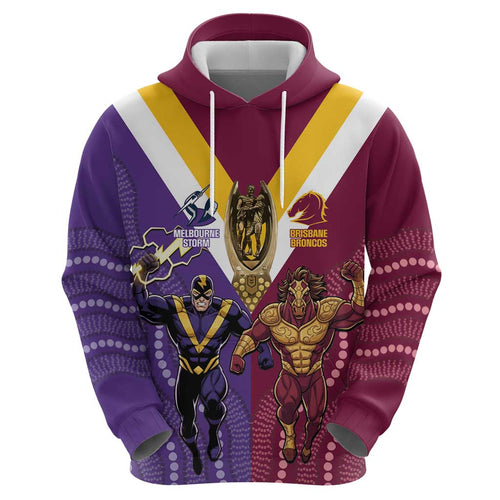 Storm And Broncos Rugby Custom Hoodie Melbourne Brisbane Final Together Mascots Style - Aussie Hoodie