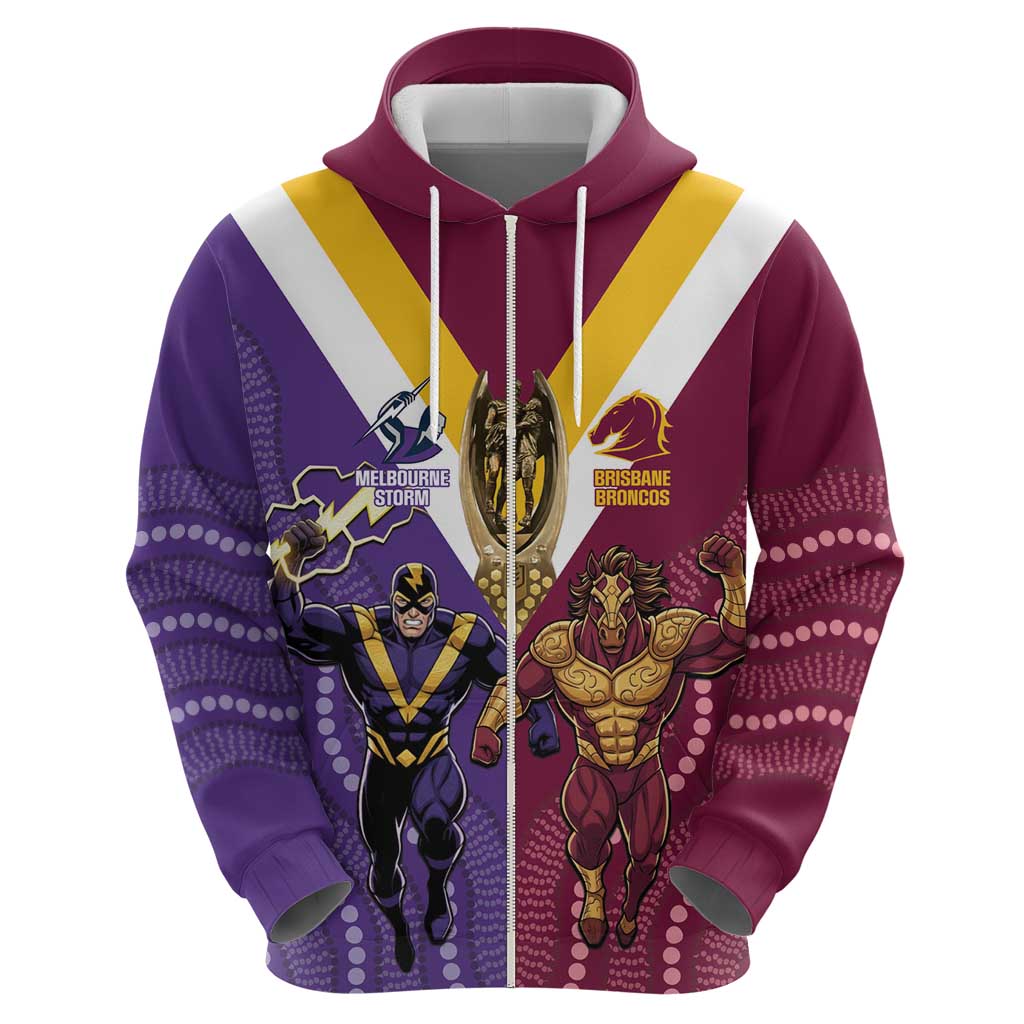 Storm And Broncos Rugby Custom Hoodie Melbourne Brisbane Final Together Mascots Style - Aussie Hoodie