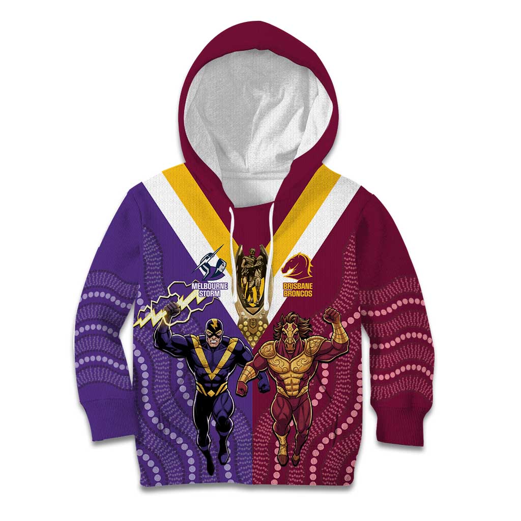 Storm And Broncos Rugby Custom Kid Hoodie Melbourne Brisbane Final Together Mascots Style - Aussie Hoodie