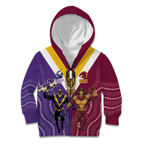 Storm And Broncos Rugby Custom Kid Hoodie Melbourne Brisbane Final Together Mascots Style - Aussie Hoodie