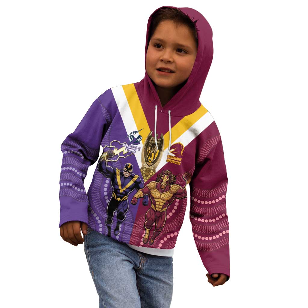 Storm And Broncos Rugby Custom Kid Hoodie Melbourne Brisbane Final Together Mascots Style - Aussie Hoodie