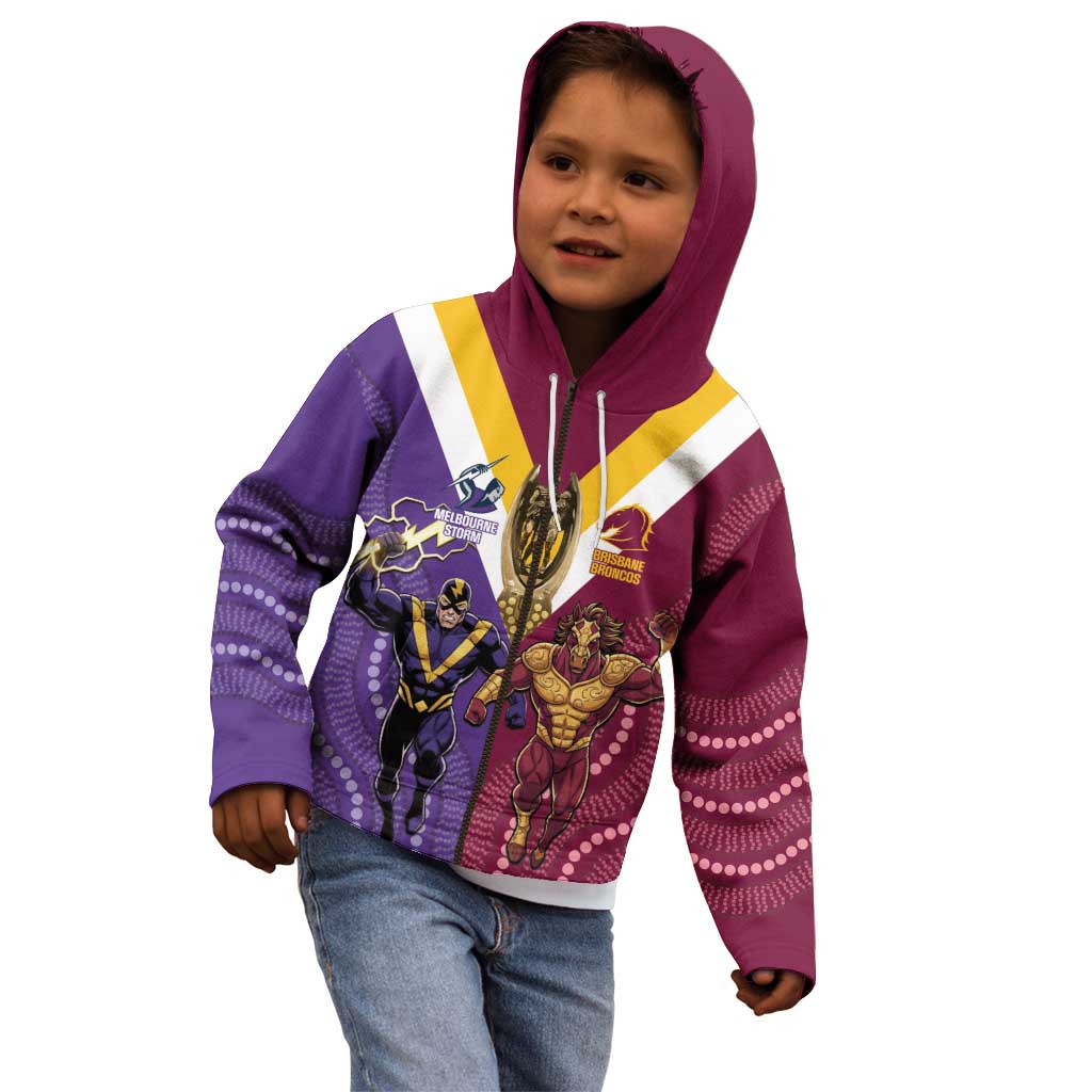 Storm And Broncos Rugby Custom Kid Hoodie Melbourne Brisbane Final Together Mascots Style - Aussie Hoodie
