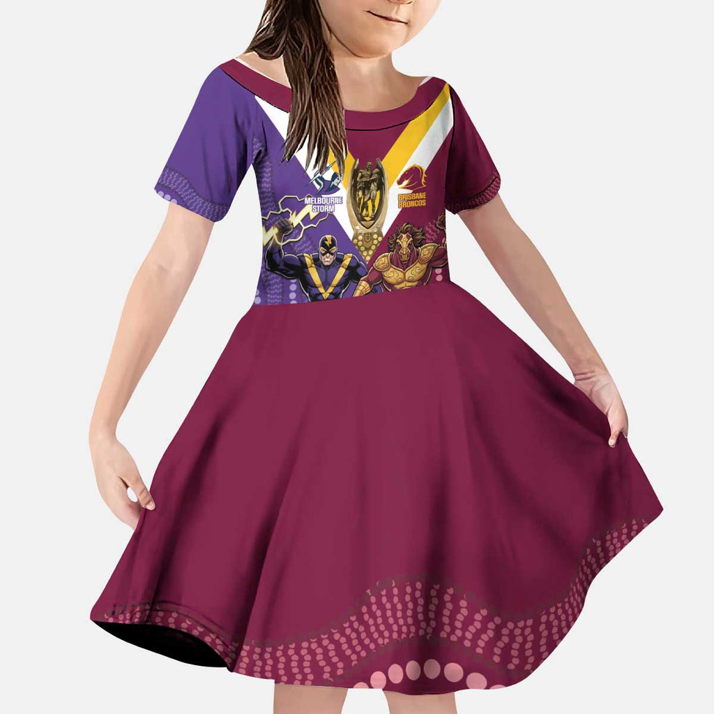 Storm And Broncos Rugby Custom Kid Short Sleeve Dress Melbourne Brisbane Final Together Mascots Style - Aussie Hoodie