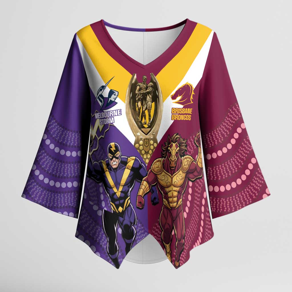 Storm And Broncos Rugby Custom Kimono Sleeve Blouse Melbourne Brisbane Final Together Mascots Style - Aussie Hoodie
