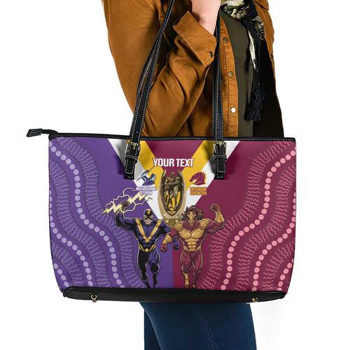 Storm And Broncos Rugby Custom Leather Tote Bag Melbourne Brisbane Final Together Mascots Style - Aussie Hoodie