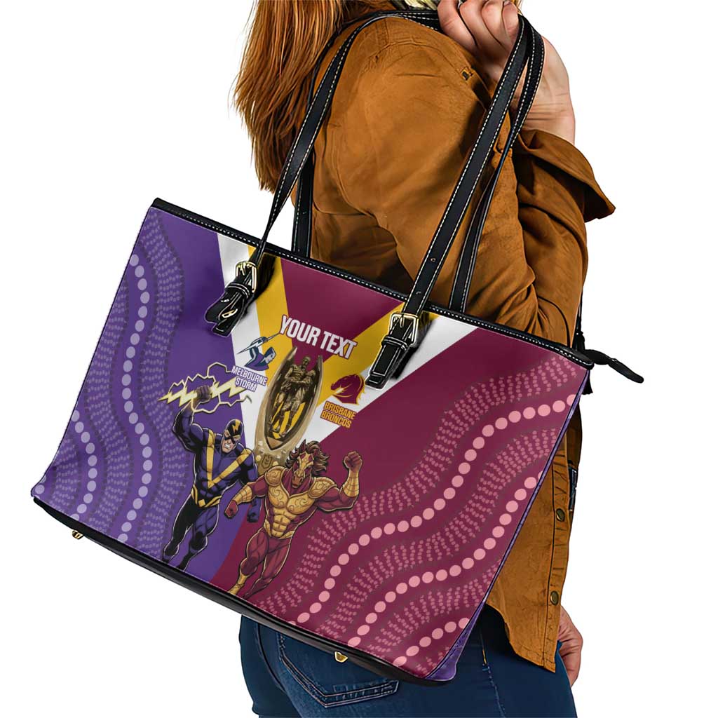 Storm And Broncos Rugby Custom Leather Tote Bag Melbourne Brisbane Final Together Mascots Style - Aussie Hoodie