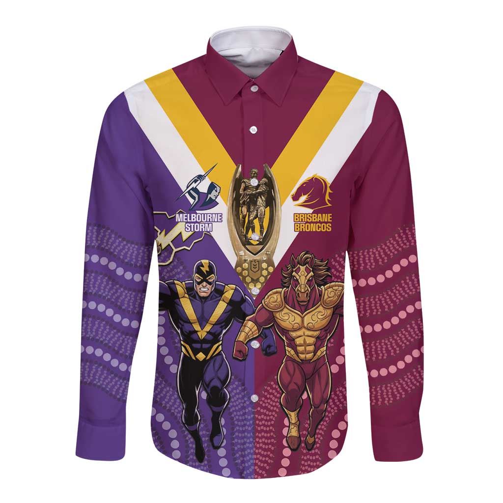 Storm And Broncos Rugby Custom Long Sleeve Button Shirt Melbourne Brisbane Final Together Mascots Style - Aussie Hoodie