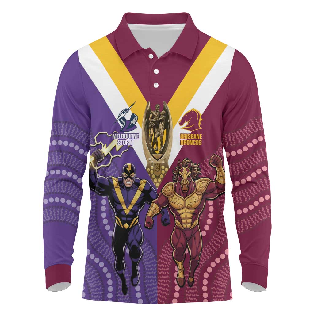 Storm And Broncos Rugby Custom Long Sleeve Polo Shirt Melbourne Brisbane Final Together Mascots Style - Aussie Hoodie
