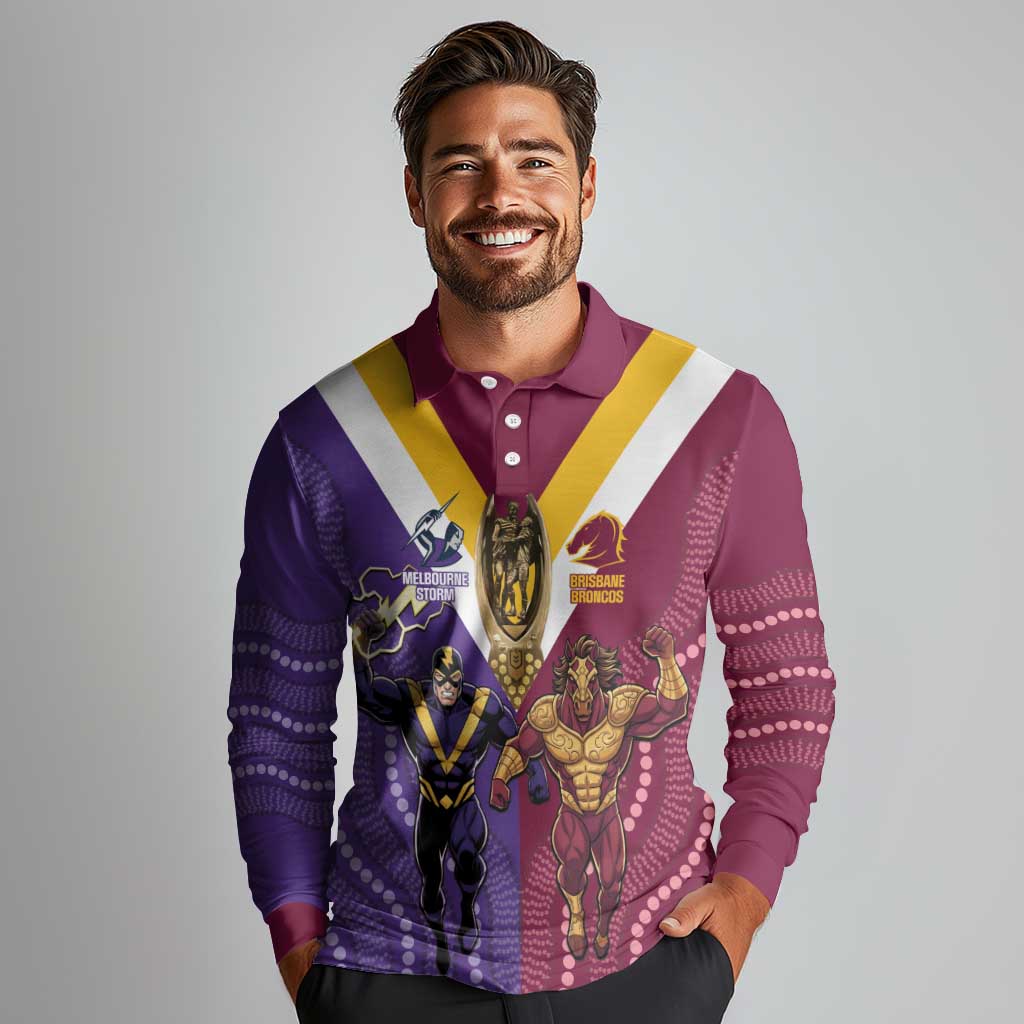 Storm And Broncos Rugby Custom Long Sleeve Polo Shirt Melbourne Brisbane Final Together Mascots Style - Aussie Hoodie