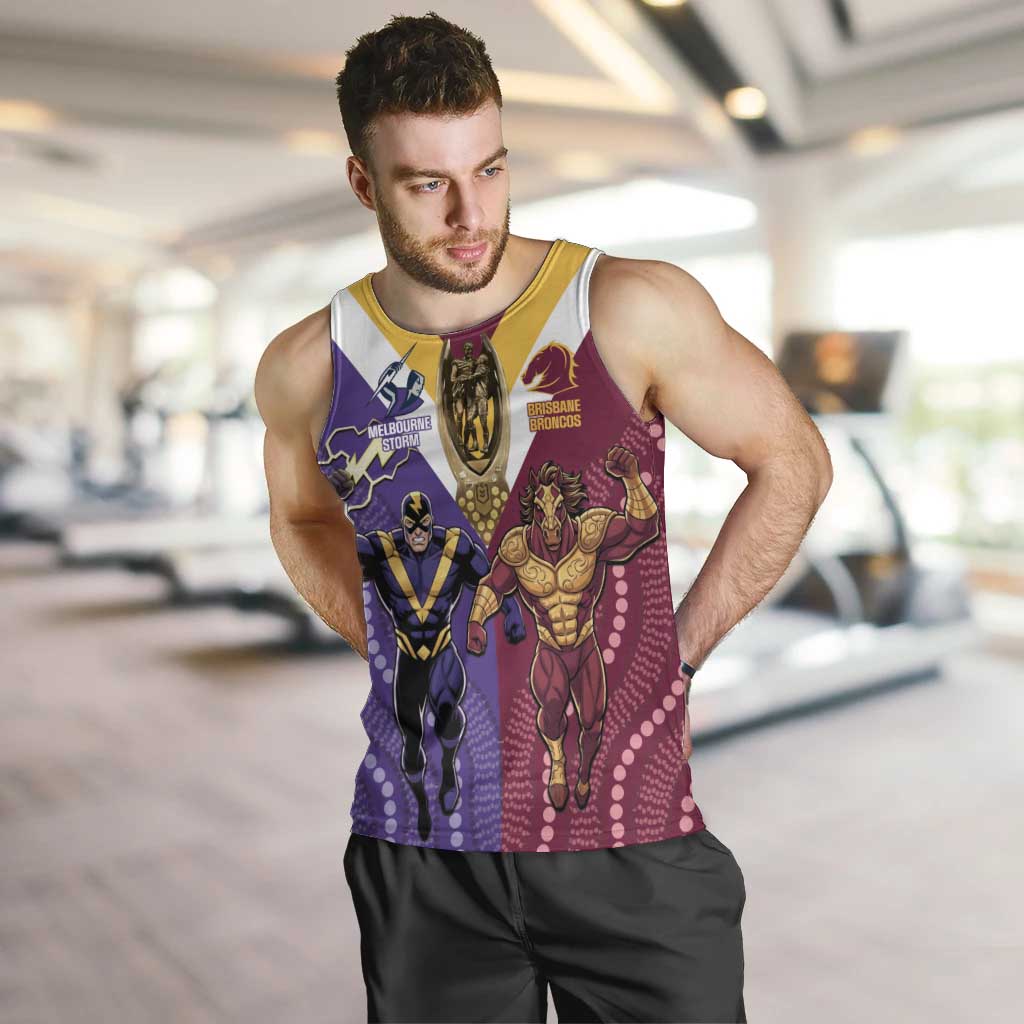 Storm And Broncos Rugby Custom Men Tank Top Melbourne Brisbane Final Together Mascots Style - Aussie Hoodie
