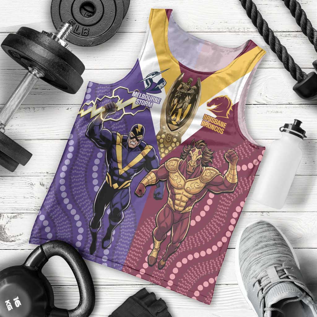 Storm And Broncos Rugby Custom Men Tank Top Melbourne Brisbane Final Together Mascots Style - Aussie Hoodie