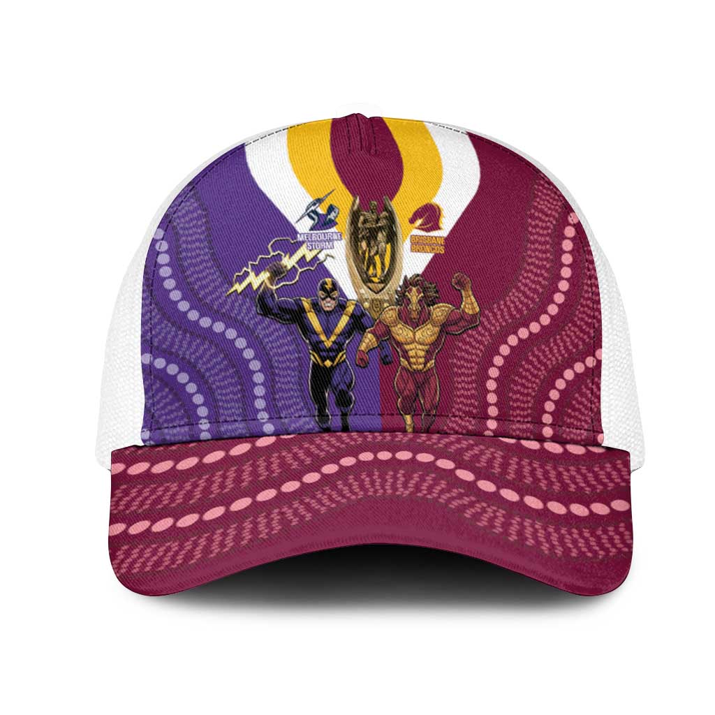Storm And Broncos Rugby Mesh Trucker Cap Melbourne Brisbane Final Together Mascots Style - Aussie Hoodie
