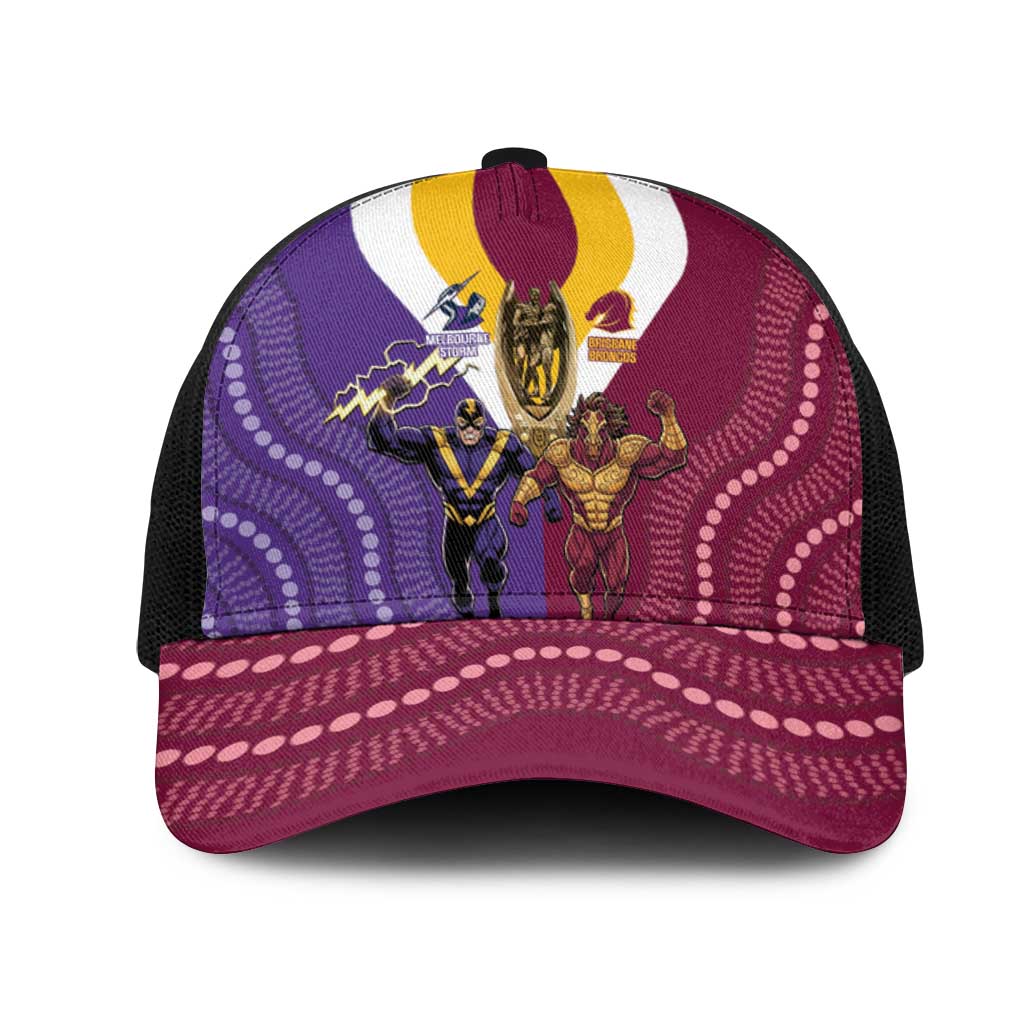 Storm And Broncos Rugby Mesh Trucker Cap Melbourne Brisbane Final Together Mascots Style - Aussie Hoodie