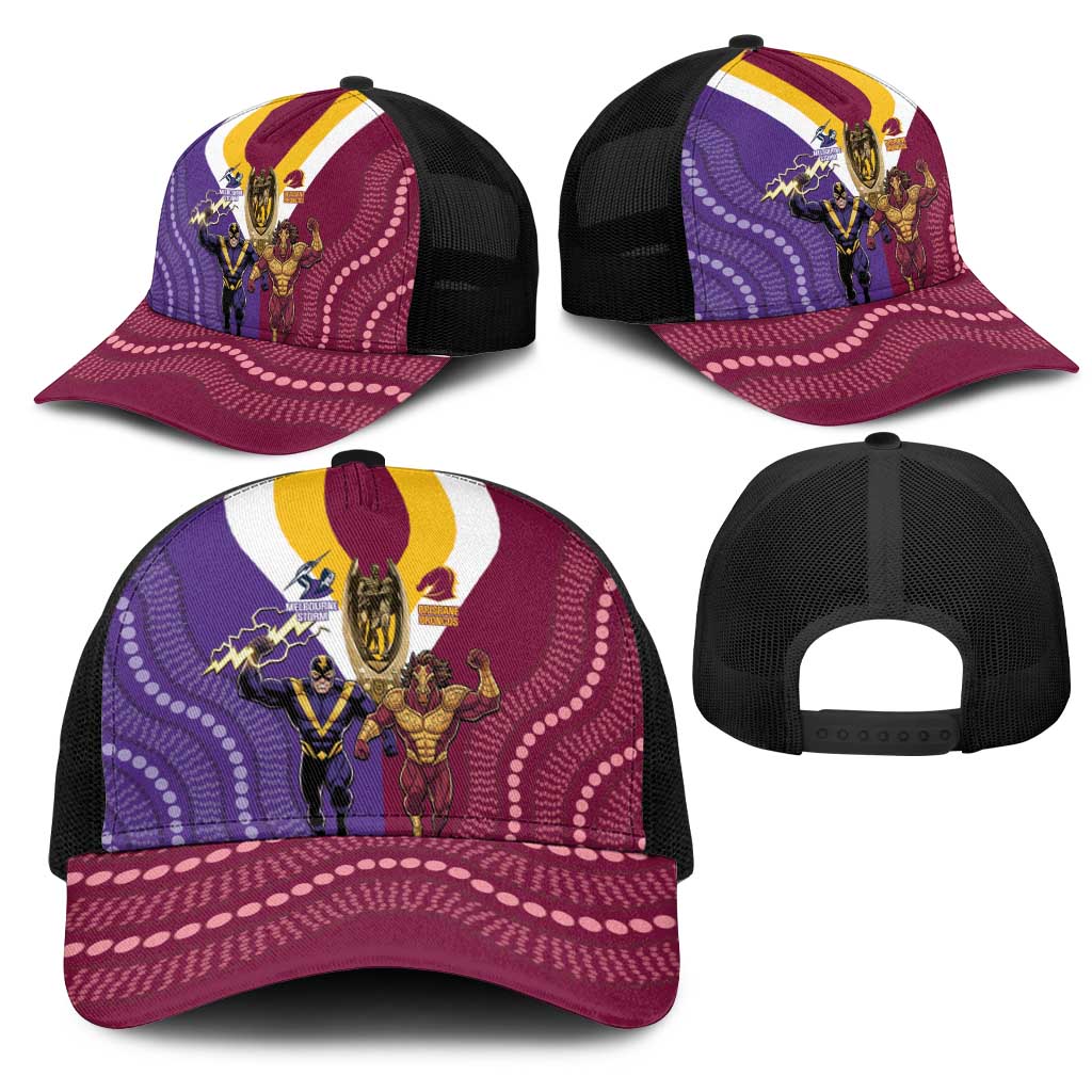 Storm And Broncos Rugby Mesh Trucker Cap Melbourne Brisbane Final Together Mascots Style - Aussie Hoodie