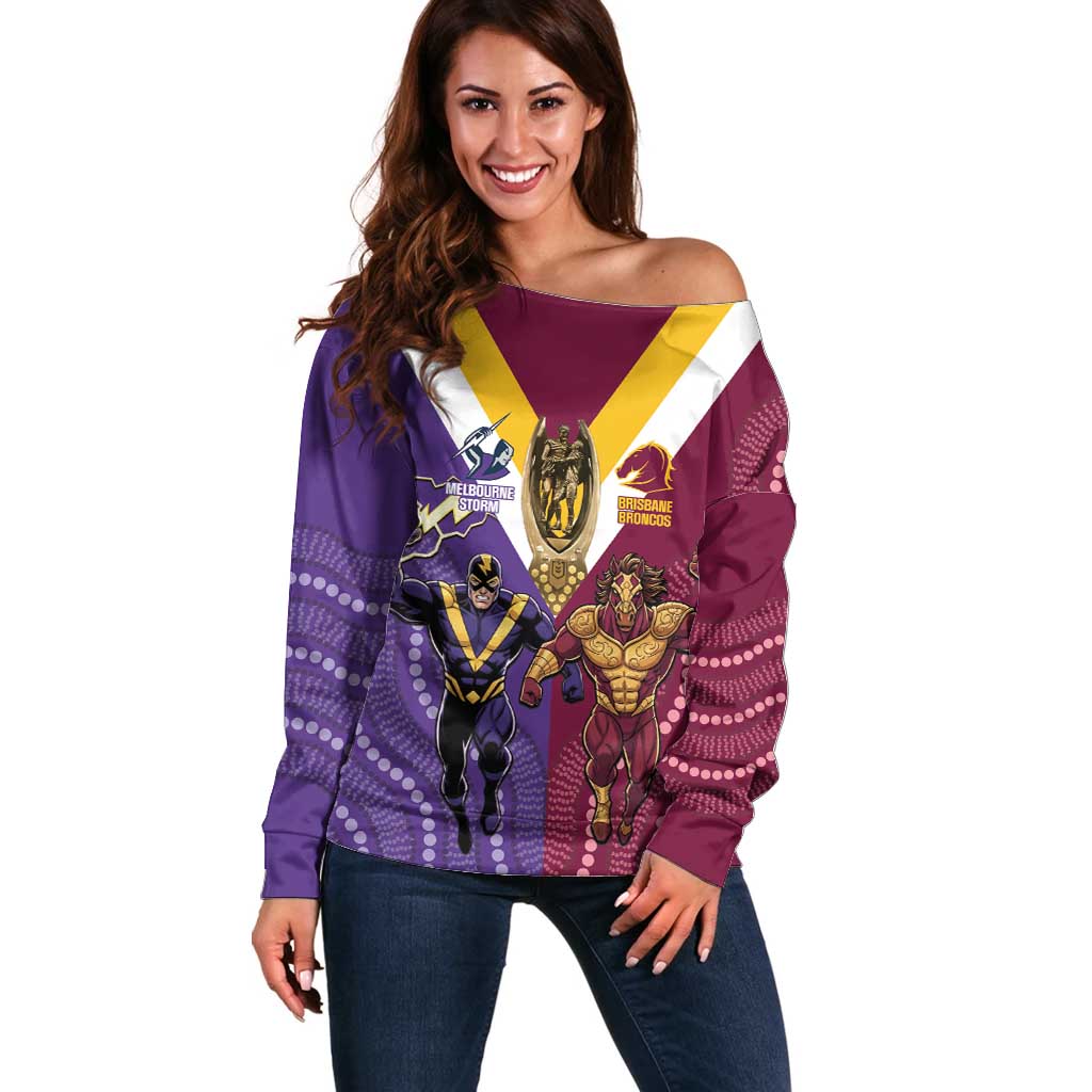 Storm And Broncos Rugby Custom Off Shoulder Sweater Melbourne Brisbane Final Together Mascots Style - Aussie Hoodie