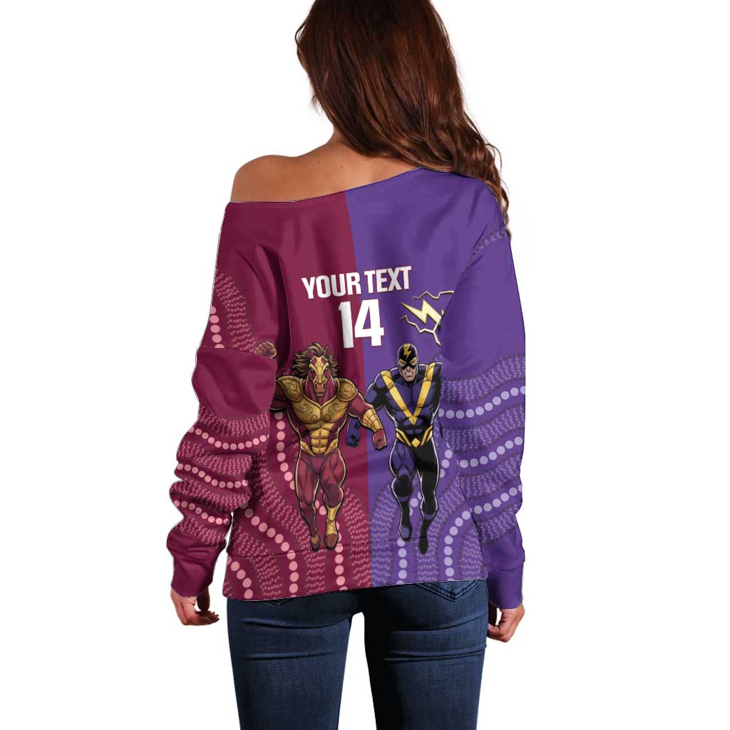 Storm And Broncos Rugby Custom Off Shoulder Sweater Melbourne Brisbane Final Together Mascots Style - Aussie Hoodie