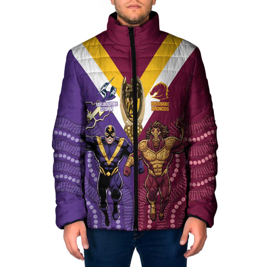 Storm And Broncos Rugby Custom Padded Jacket Melbourne Brisbane Final Together Mascots Style - Aussie Hoodie