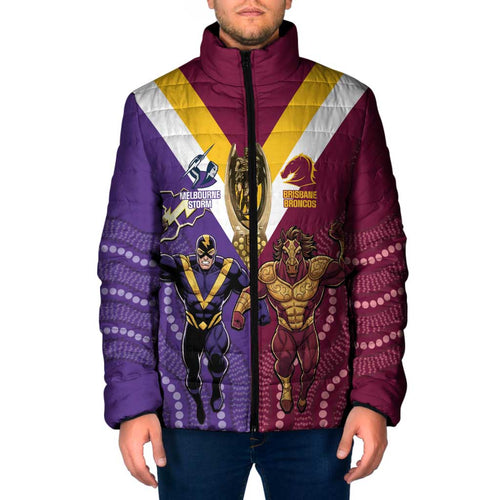 Storm And Broncos Rugby Custom Padded Jacket Melbourne Brisbane Final Together Mascots Style - Aussie Hoodie
