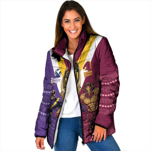 Storm And Broncos Rugby Custom Padded Jacket Melbourne Brisbane Final Together Mascots Style - Aussie Hoodie
