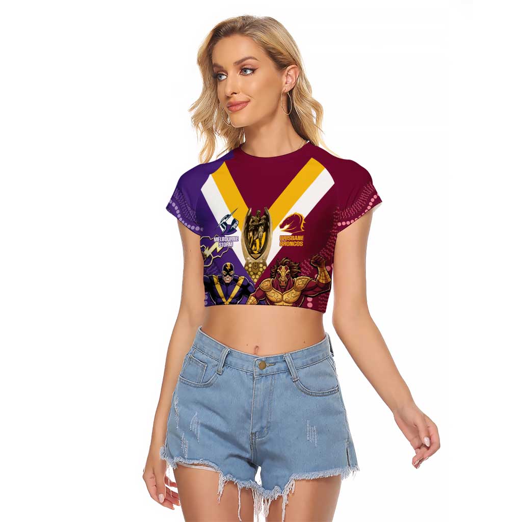 Storm And Broncos Rugby Custom Raglan Cropped T Shirt Melbourne Brisbane Final Together Mascots Style - Aussie Hoodie