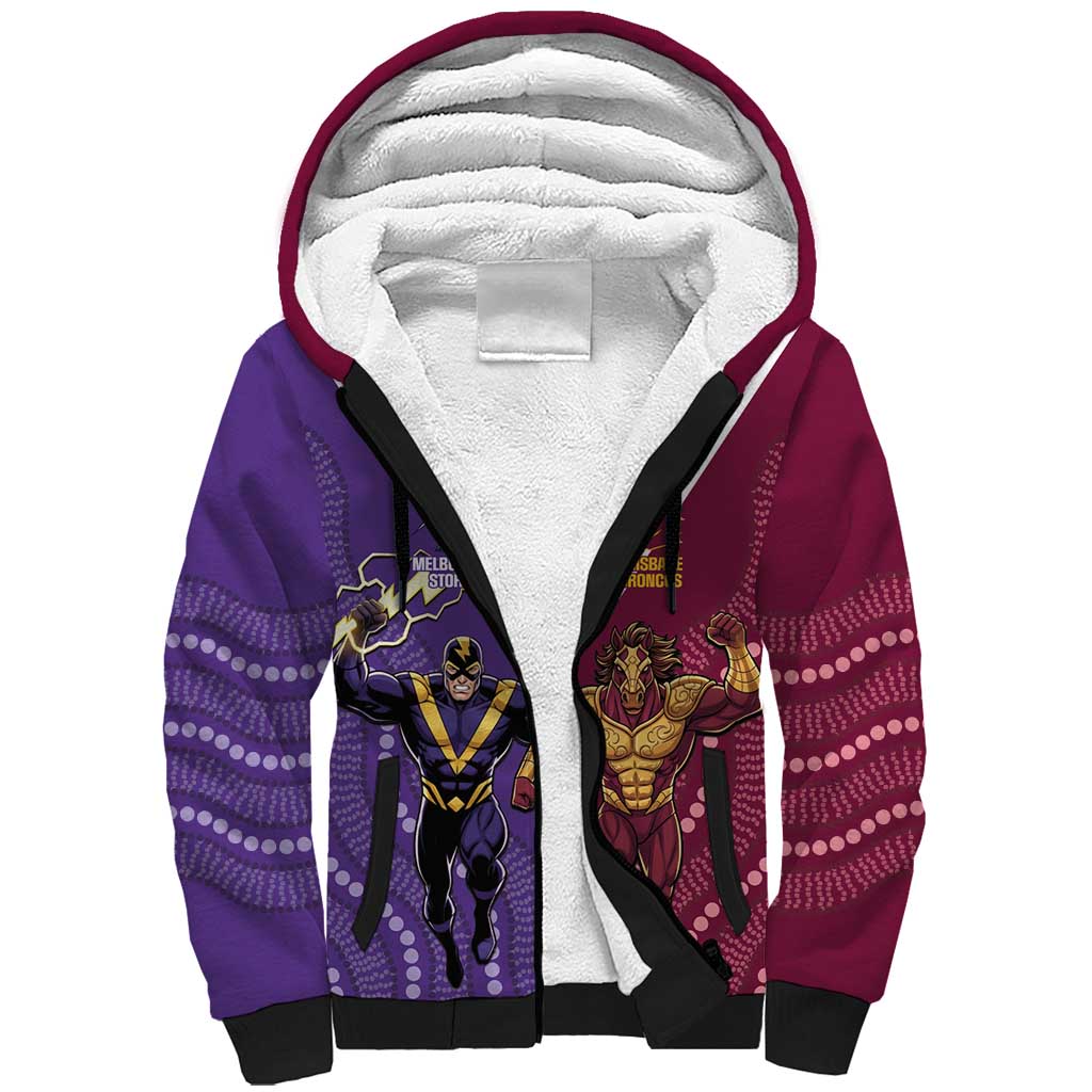 Storm And Broncos Rugby Custom Sherpa Hoodie Melbourne Brisbane Final Together Mascots Style - Aussie Hoodie