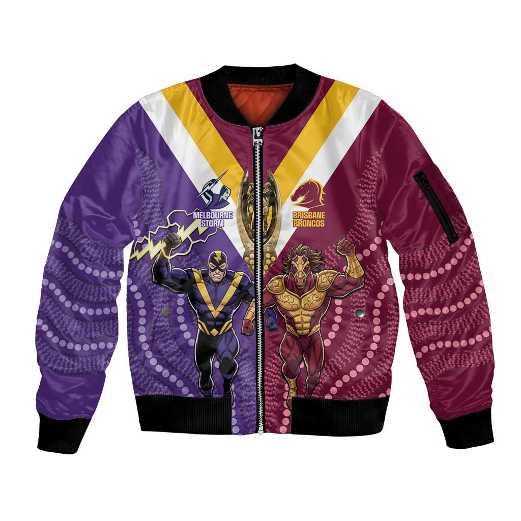 Storm And Broncos Rugby Custom Sleeve Zip Bomber Jacket Melbourne Brisbane Final Together Mascots Style - Aussie Hoodie