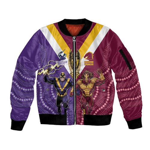 Storm And Broncos Rugby Custom Sleeve Zip Bomber Jacket Melbourne Brisbane Final Together Mascots Style - Aussie Hoodie
