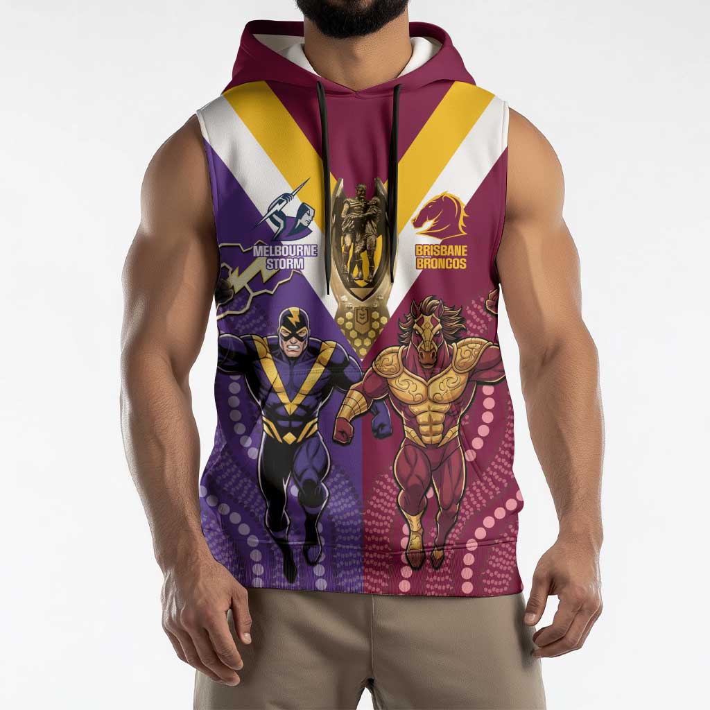 Storm And Broncos Rugby Custom Sleeveless Hoodie Melbourne Brisbane Final Together Mascots Style - Aussie Hoodie