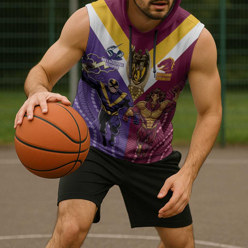 Storm And Broncos Rugby Custom Sleeveless Hoodie Melbourne Brisbane Final Together Mascots Style - Aussie Hoodie
