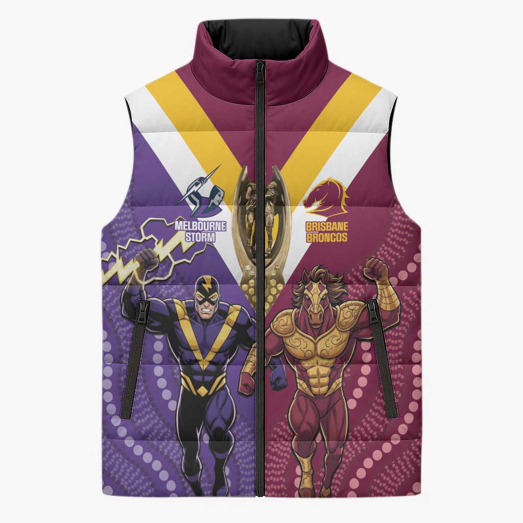 Storm And Broncos Rugby Custom Sleeveless Puffer Jacket Melbourne Brisbane Final Together Mascots Style - Aussie Hoodie