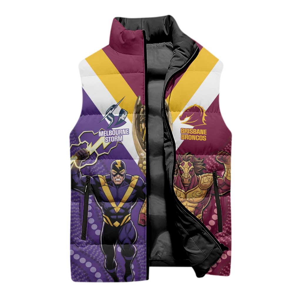 Storm And Broncos Rugby Custom Sleeveless Puffer Jacket Melbourne Brisbane Final Together Mascots Style - Aussie Hoodie