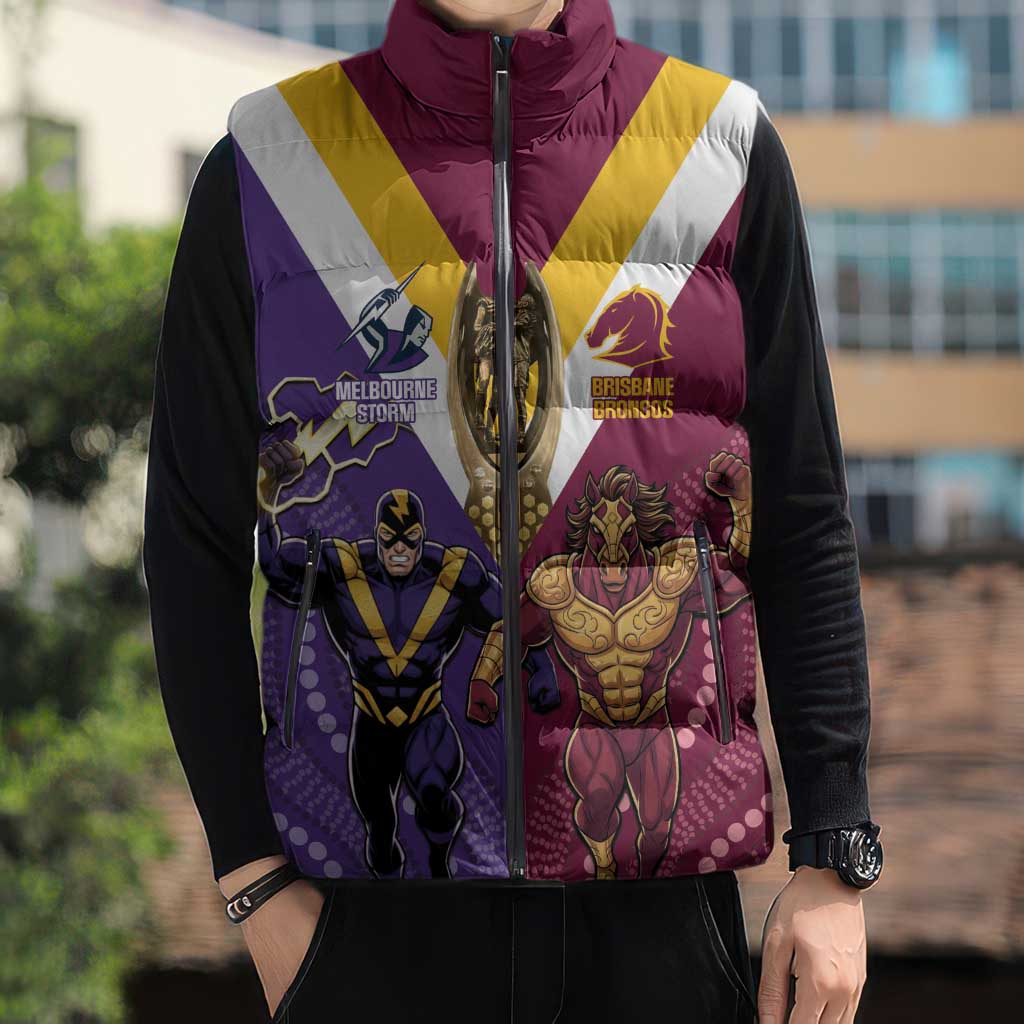 Storm And Broncos Rugby Custom Sleeveless Puffer Jacket Melbourne Brisbane Final Together Mascots Style - Aussie Hoodie