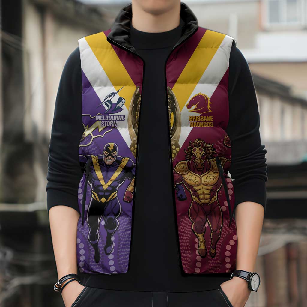 Storm And Broncos Rugby Custom Sleeveless Puffer Jacket Melbourne Brisbane Final Together Mascots Style - Aussie Hoodie