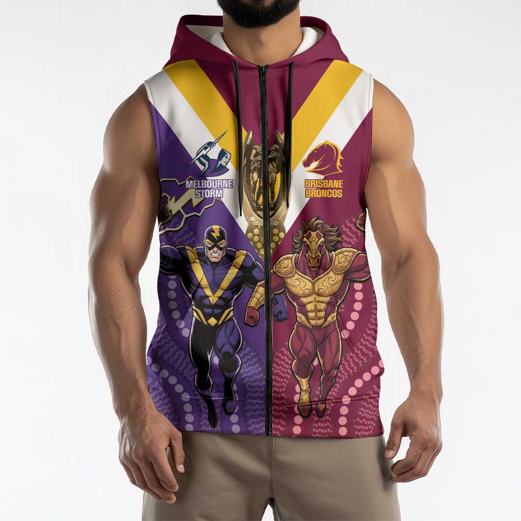 Storm And Broncos Rugby Custom Sleeveless Zip Hoodie Melbourne Brisbane Final Together Mascots Style LT14