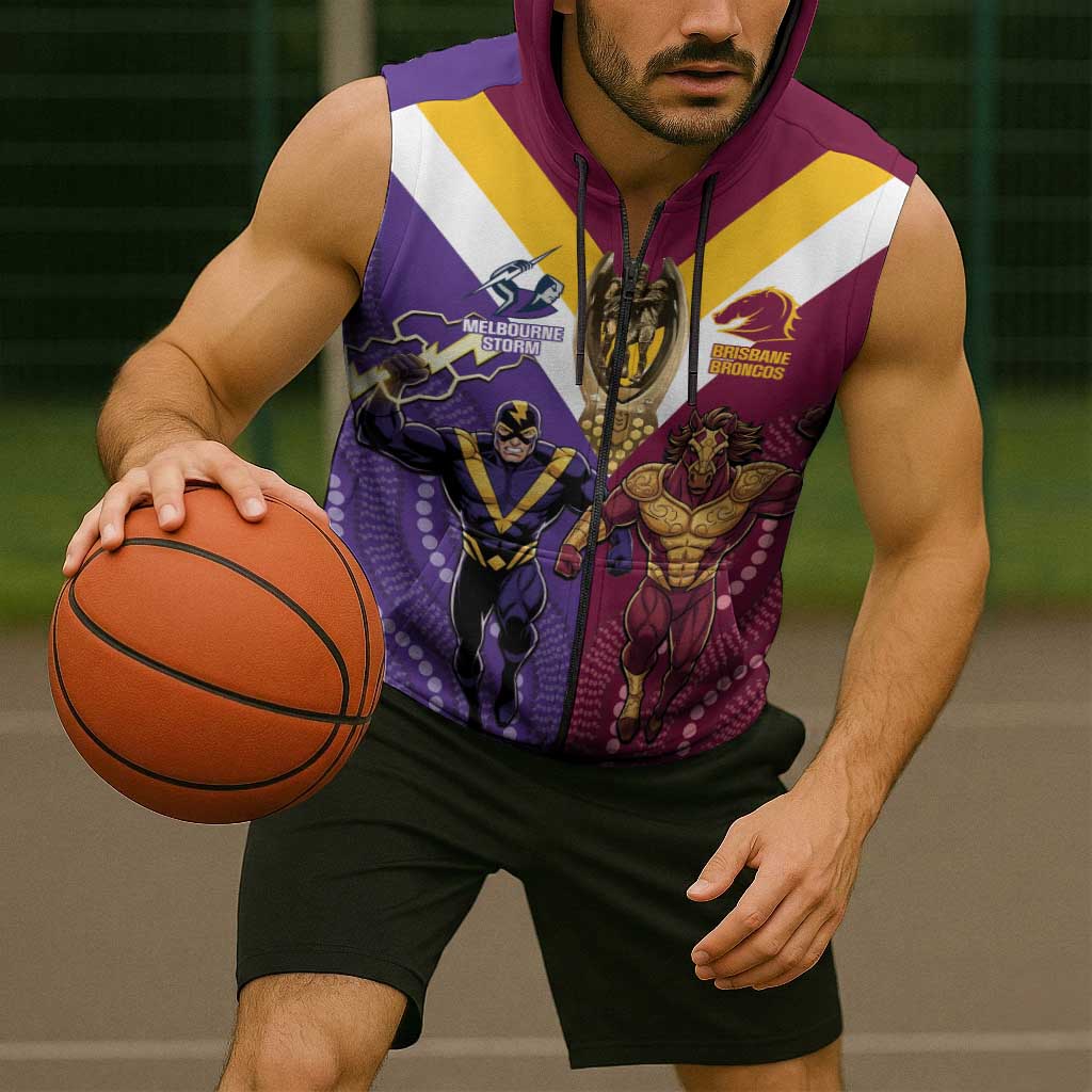 Storm And Broncos Rugby Custom Sleeveless Zip Hoodie Melbourne Brisbane Final Together Mascots Style LT14