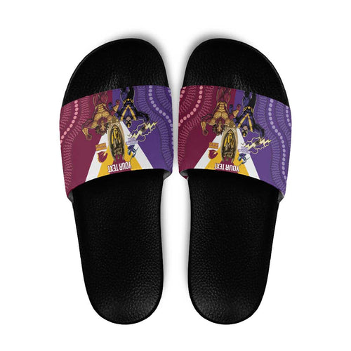 Storm And Broncos Rugby Custom Slide Sandals Melbourne Brisbane Final Together Mascots Style - Aussie Hoodie