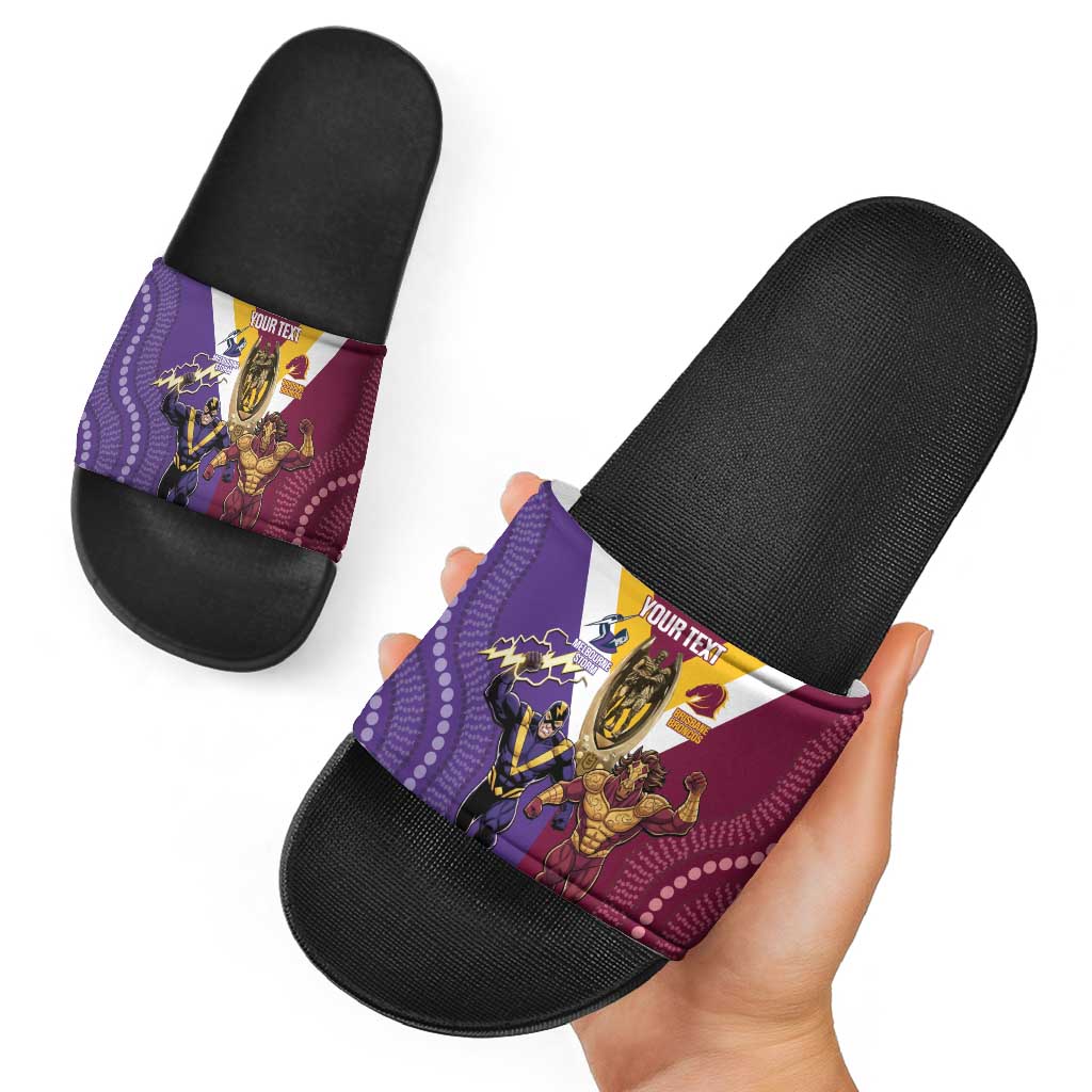 Storm And Broncos Rugby Custom Slide Sandals Melbourne Brisbane Final Together Mascots Style - Aussie Hoodie